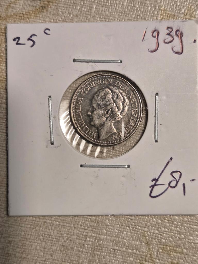 Zilveren 25 Cent Munt Koningin Wilhelmina 1939, Postzegels en Munten, Munten | Nederland, Zilver, 25 cent, Ophalen of Verzenden
