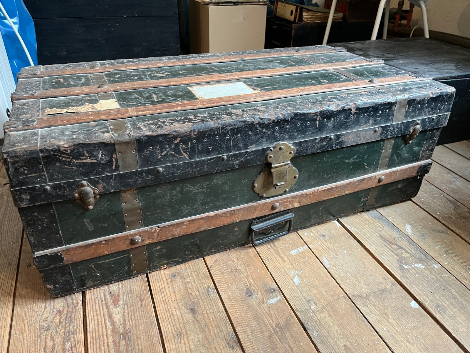 Antieke hutkoffer, groen en zwart, Ophalen, Gebruikt, 50 tot 100 cm, 5 – 50