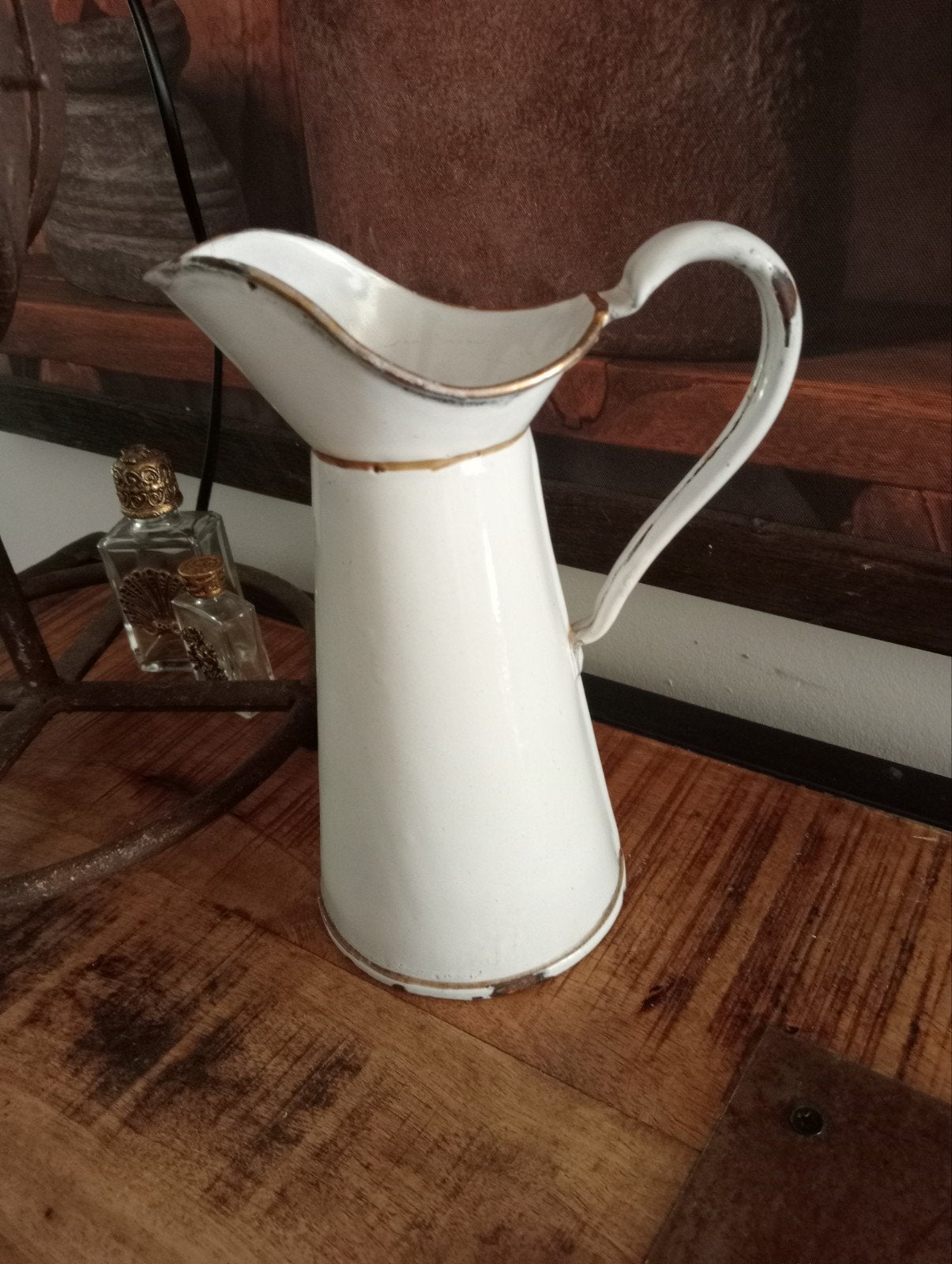 oud wit emaille kannetje....20 cm. met gouden bies, Antiek en Kunst, Ophalen of Verzenden
