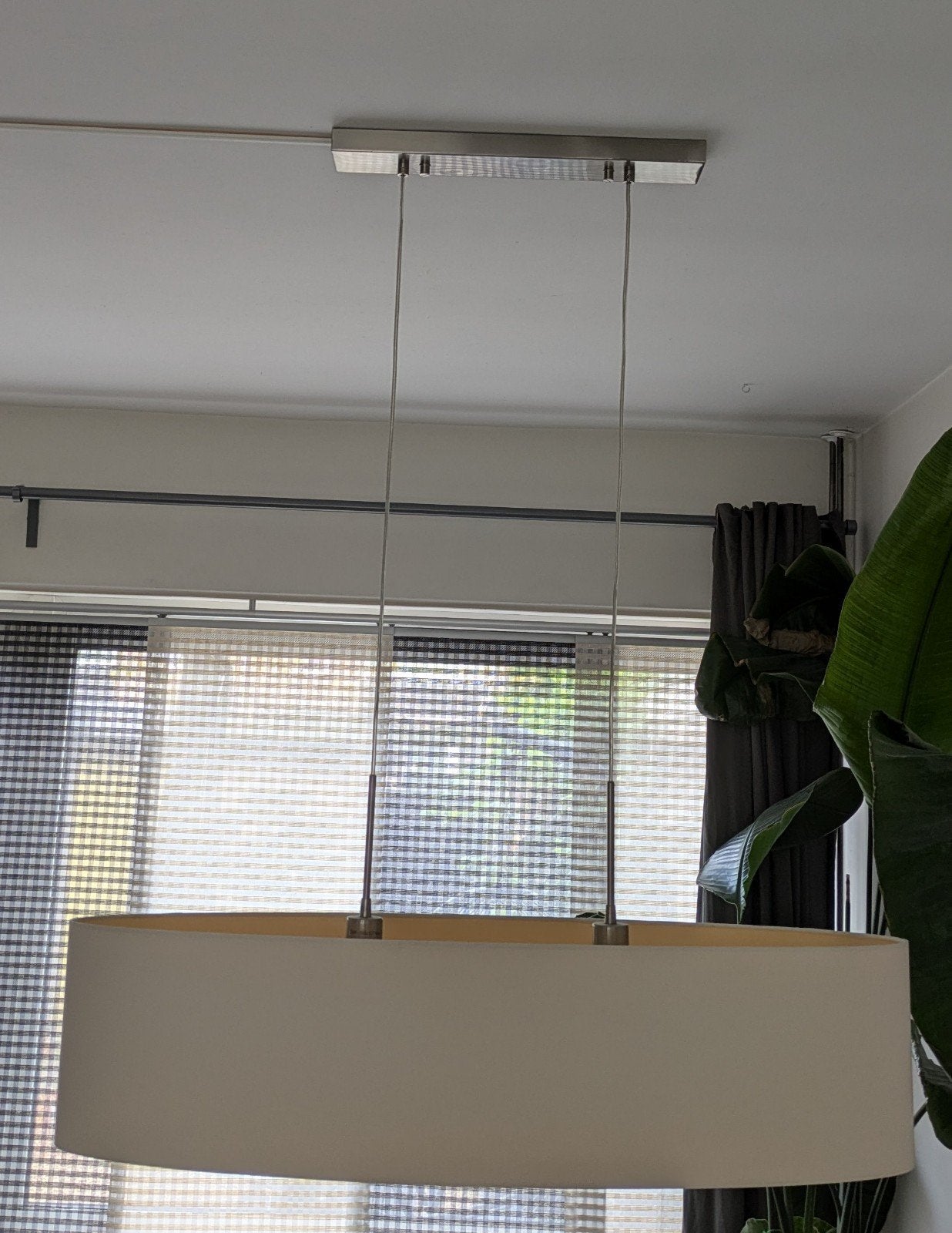 Moderne hanglamp met ovale stoffen kap, Ophalen, Gebruikt, Metaal, E27 (groot)