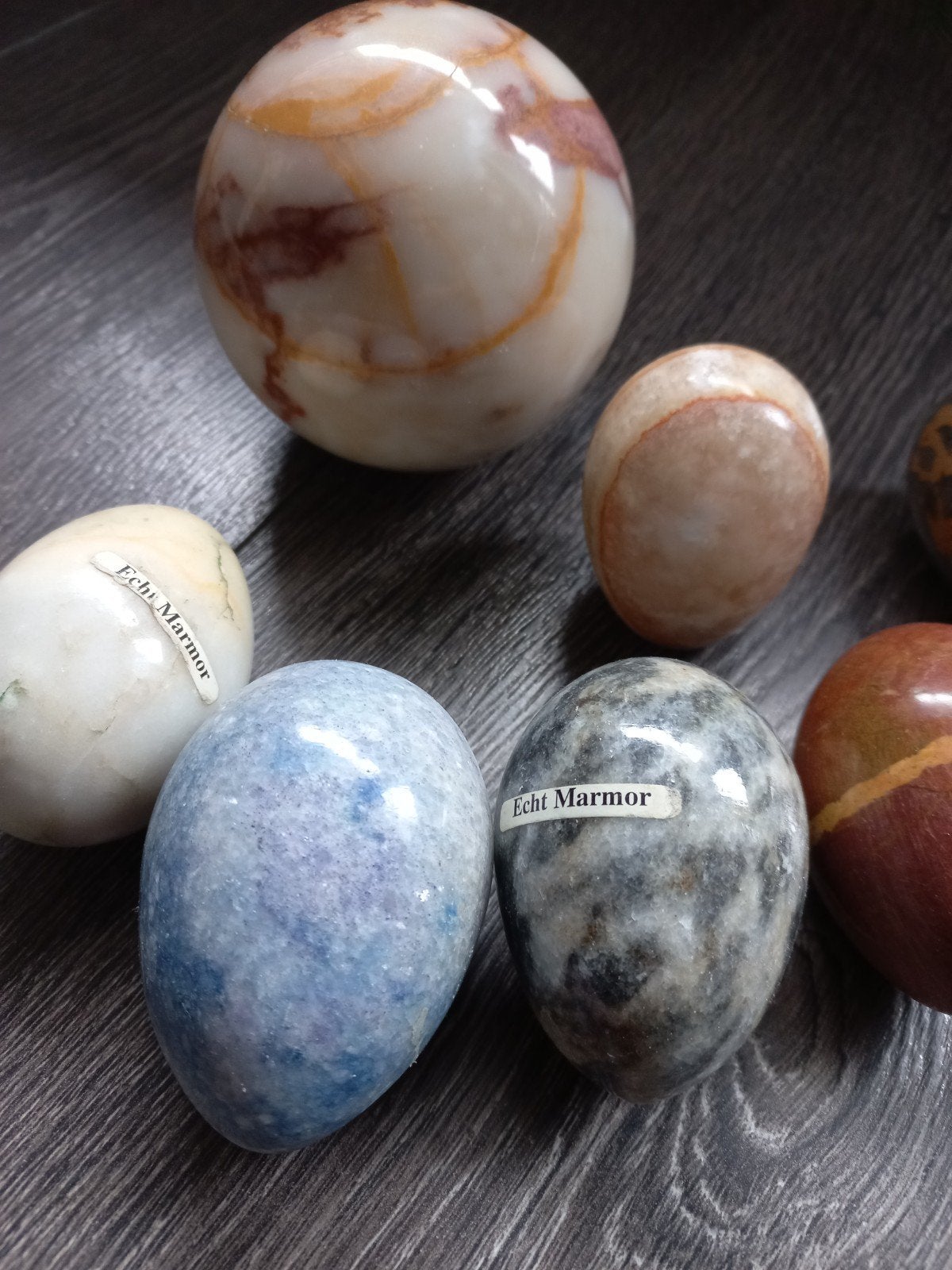 Set van 8 marmeren en stenen decoratieve eieren en bol, Ophalen of Verzenden