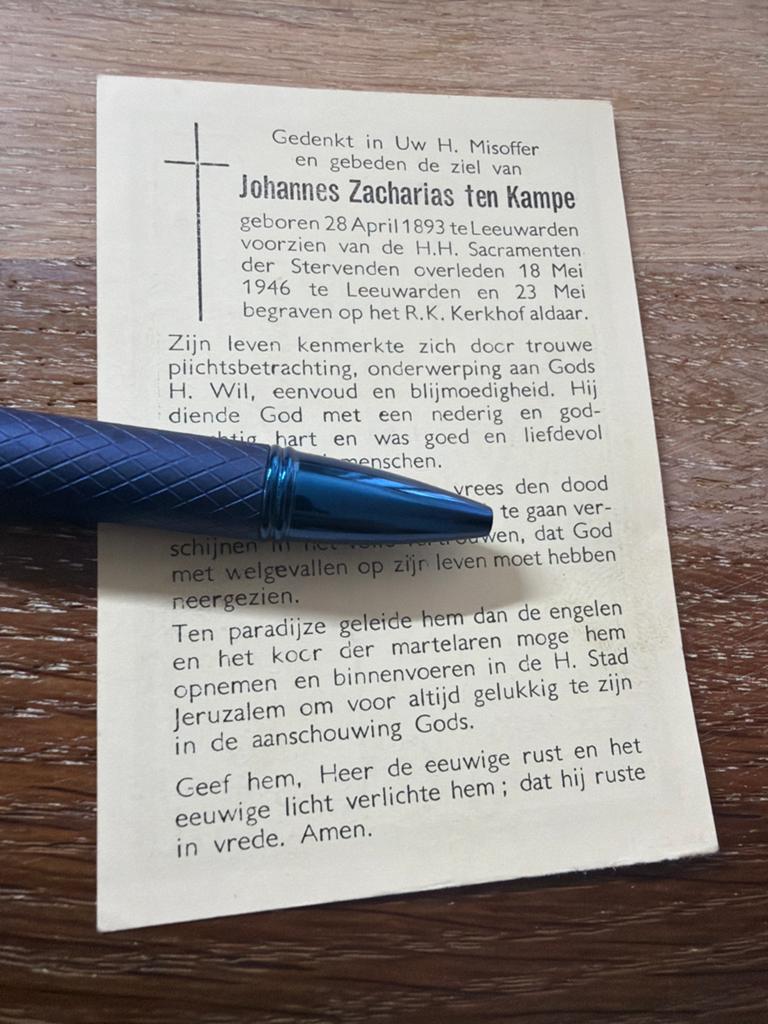 Kampe ten Johannes 1893 Leeuwarden 1946 - 30711- sss Br. 19, Ophalen of Verzenden, Bidprentje