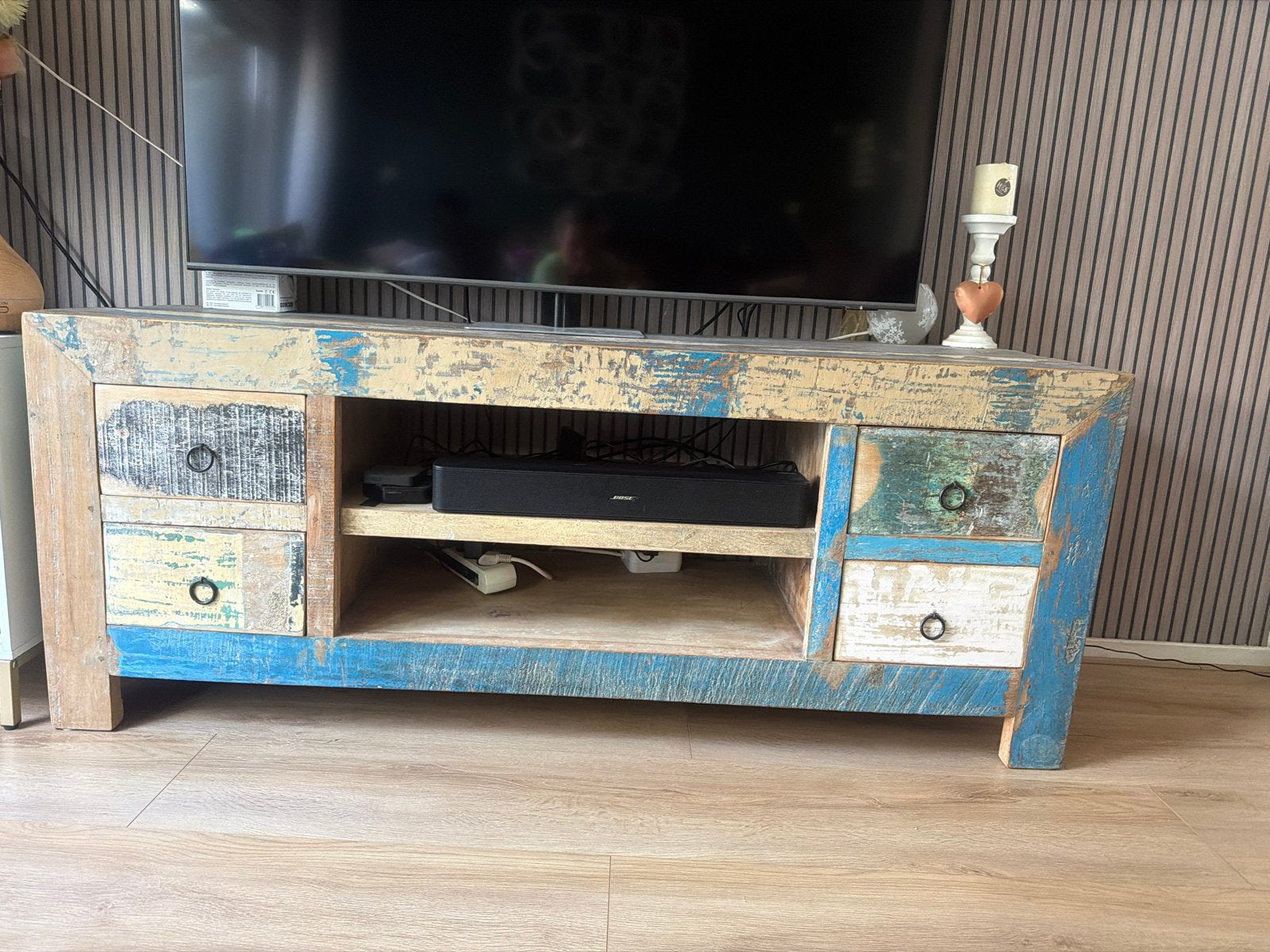 Uniek TV-meubel van gerecycled hout - Bohemian stijl, Ophalen, 100 tot 150 cm, Zo goed als nieuw, Minder dan 100 cm