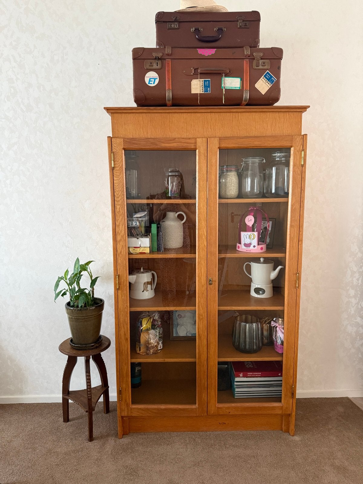 Vintage Maatwerk Kast - Eikenhout met Glazen Deuren, Ophalen, Gebruikt, Eikenhout, 50 tot 100 cm