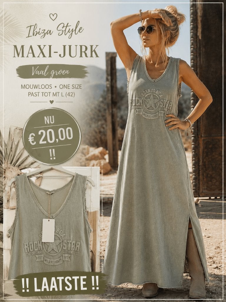 Vaal groen, mouwloze maxi-jurk Ibiza style one size Tot 42, Maat 38/40 (M), Nieuw, Ophalen of Verzenden, Onder de knie