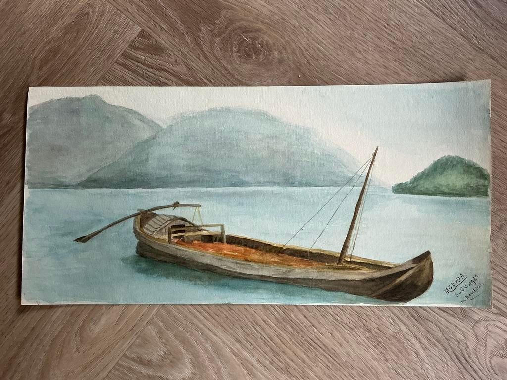 Aquarel Anno 1921 met boot en bergen, Ophalen of Verzenden