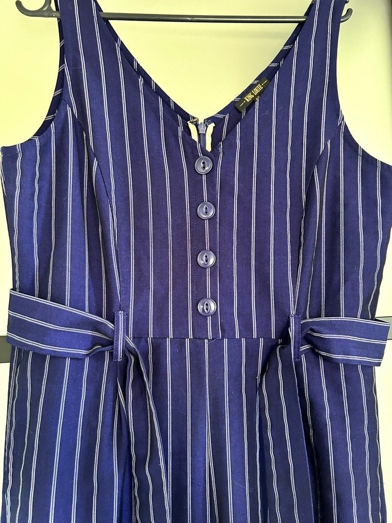 King Louie maat 40 Fiona krijtstreep jumpsuit broekpak 3082, Maat 38/40 (M), Blauw, Ophalen of Verzenden, Zo goed als nieuw