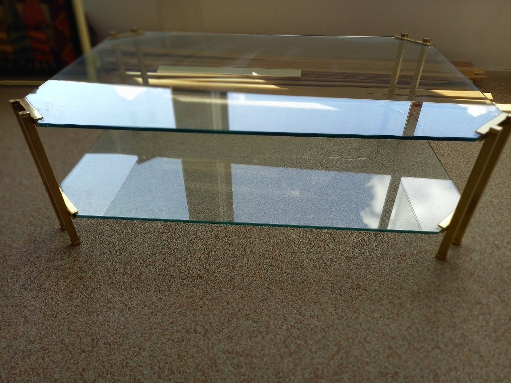 Glazen tafel met koperen zijstukken, Huis en Inrichting, Tafels | Salontafels, Ophalen, 100 tot 150 cm, 50 tot 100 cm, Zo goed als nieuw
