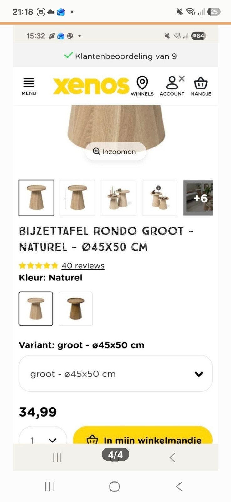 Bijzettafel rondo groot naturel 45x50, Minder dan 55 cm, Rond, Zo goed als nieuw, Ophalen