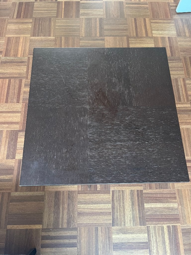 Leolux salontafel hout met stalen voet, Ophalen, Gebruikt, 50 tot 100 cm, Vierkant