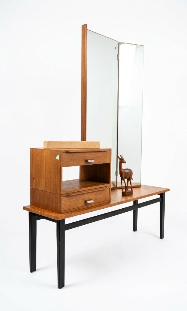 Houten kaptafel met spiegel - vintage retro tafel kast, Ophalen, Gebruikt, 100 tot 150 cm, Onbekend