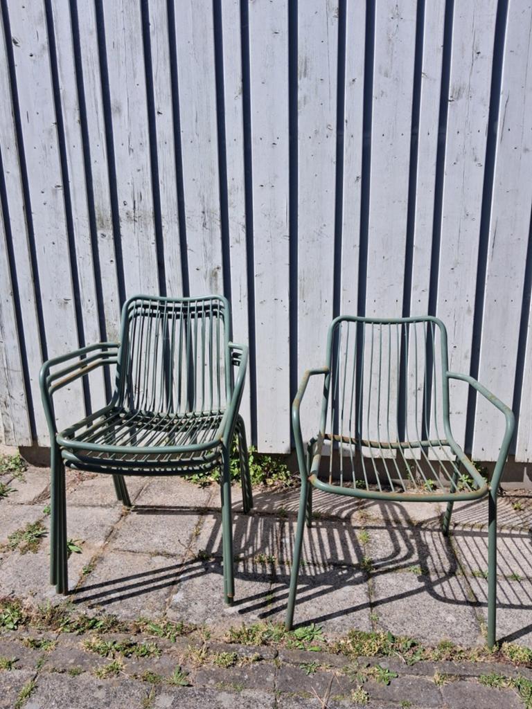 Gratis af te halen - 4 stapelbare groene metalen tuinstoelen, Tuin en Terras, Ophalen, Gebruikt, Metaal, Stapelbaar