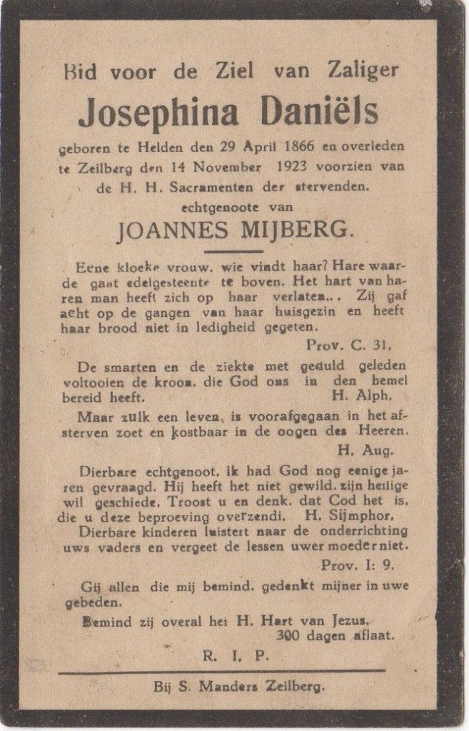 Josephina Daniëls 1866 Helden + 1923 Zeilberg, 57 jaar oud, Verzamelen, Bidprentjes en Rouwkaarten, Verzenden