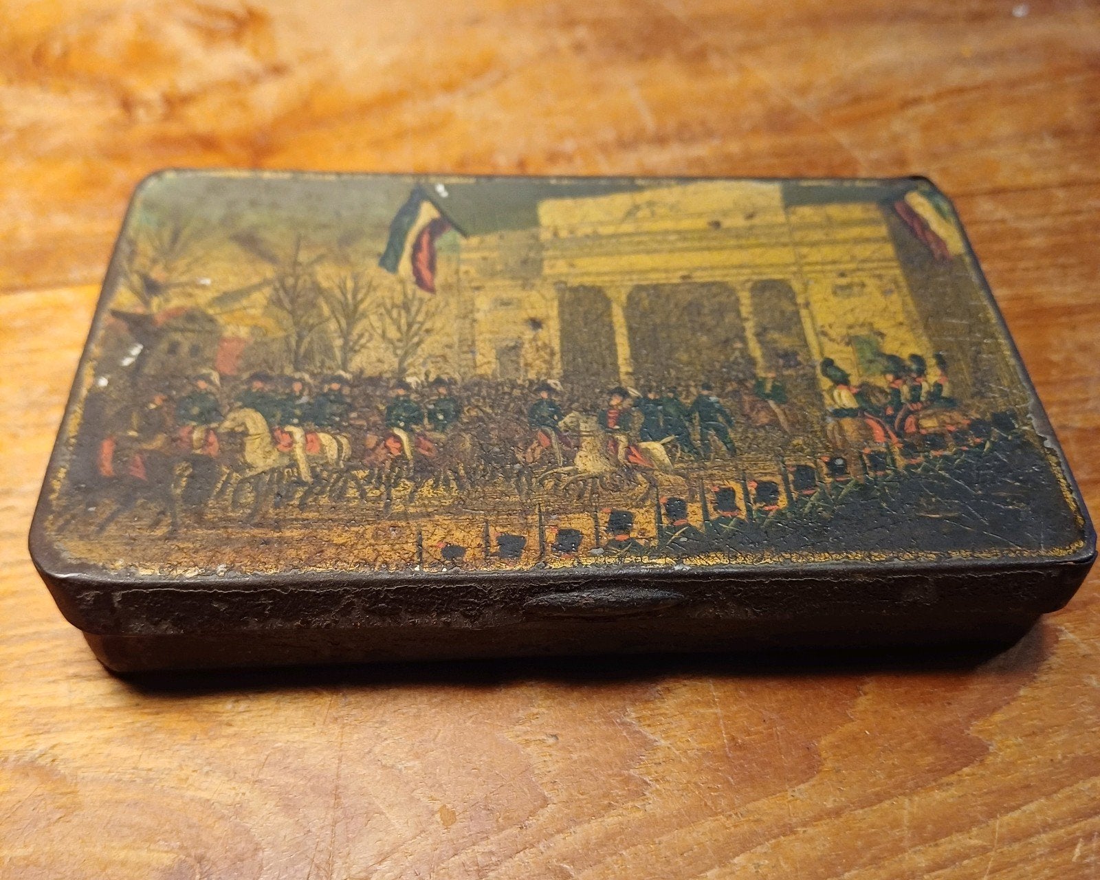 Antieke blikken tabaksdoos inhuldiging  Willem II in 1840, Verzamelen, Ophalen of Verzenden, Gebruikt, Overige