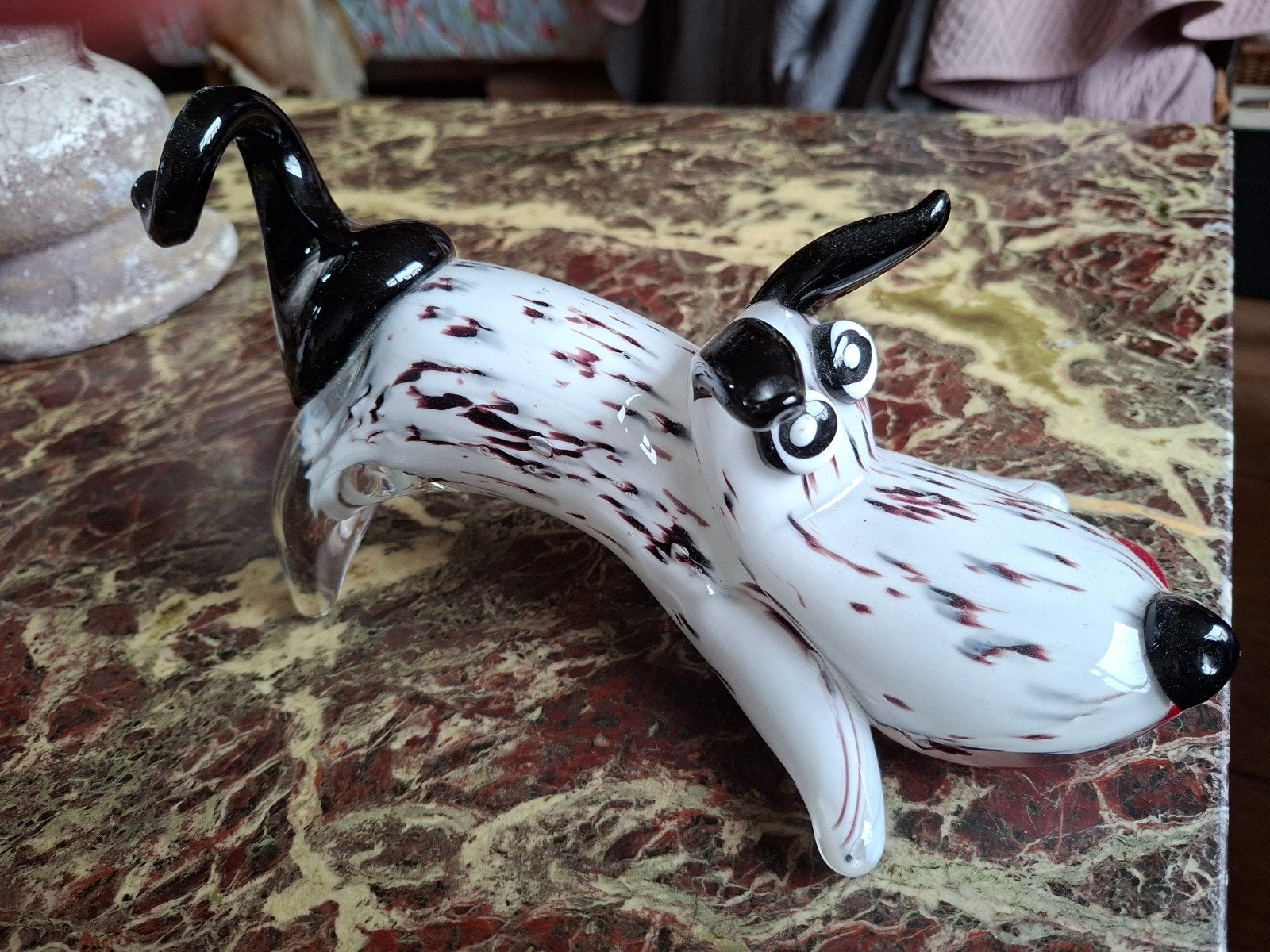 Glazen hond, handgeblazen, wit met zwart, Ophalen of Verzenden