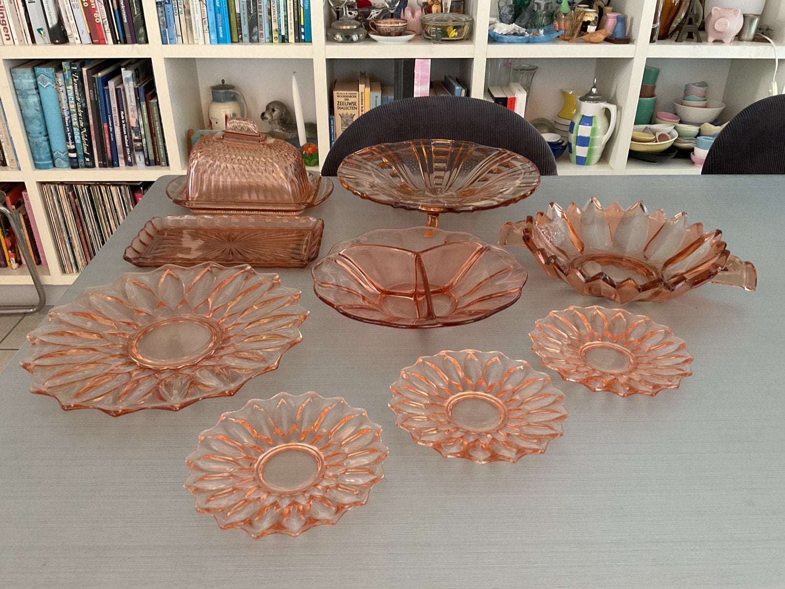 Roze Art Deco persglas fruitschaal, gebakschaal, cakeschaal, Ophalen of Verzenden