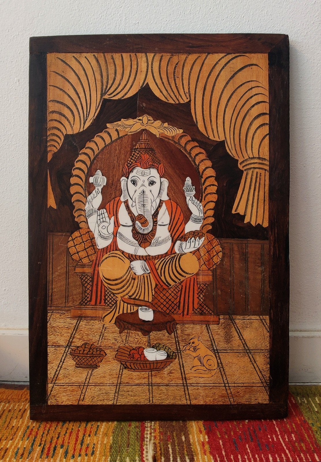 Vintage houten inlegwerk paneel Ganesha (marquetry), Antiek en Kunst, Ophalen of Verzenden