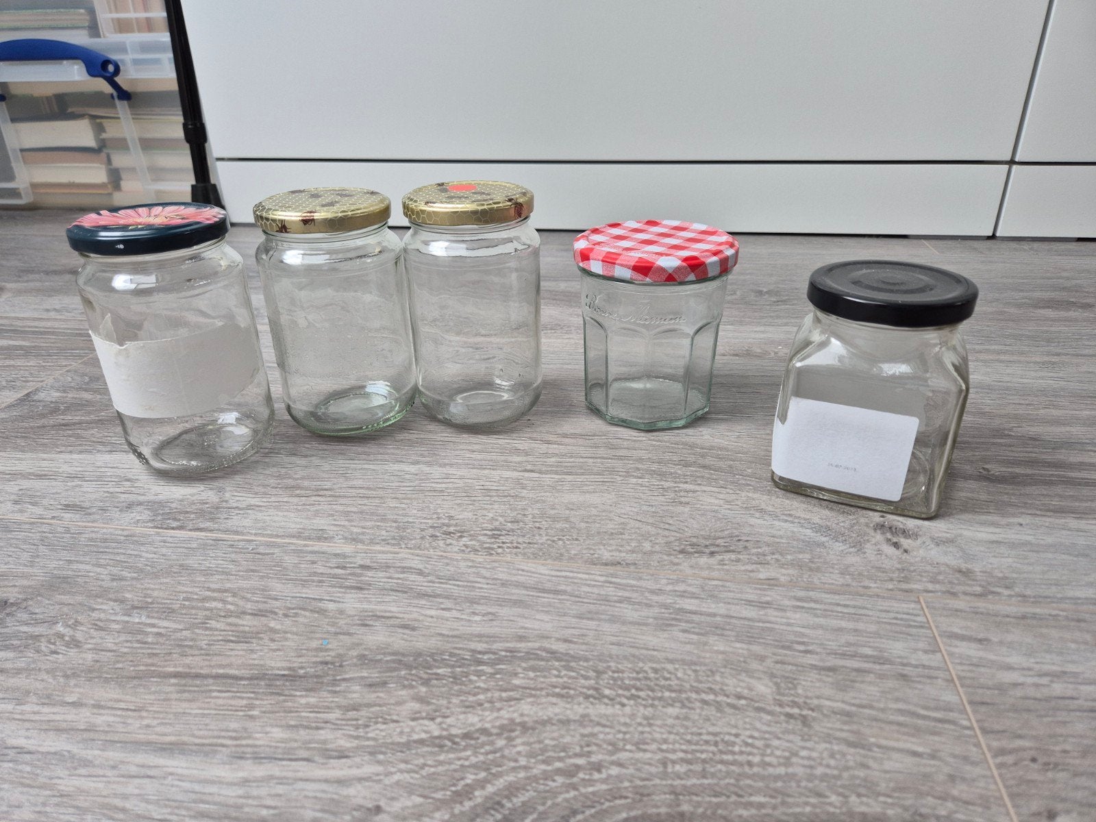 Set van 5 LEGE glazen voorraadpotten met deksel, Ophalen of Verzenden, Voorraadpot, Meerkleurig, Overige merken