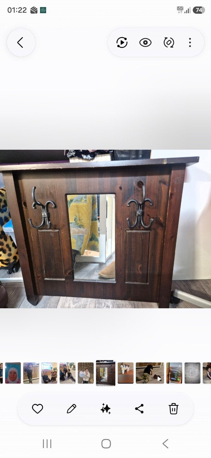 Houten wandkapstok met spiegel en haken, Wandkapstok, Gebruikt, Ophalen of Verzenden, Minder dan 100 cm