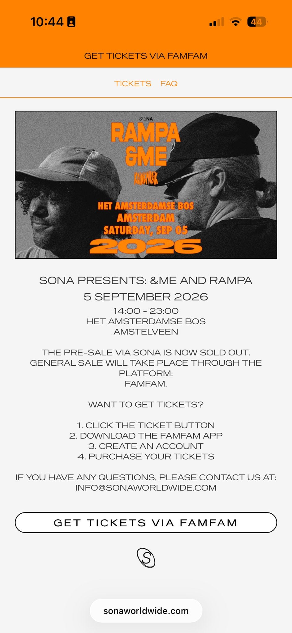 Amsterdams Bos. &ME AND RAMPA. 1 kaartje voor vandaag -5/sep, Tickets en Kaartjes, Eén persoon