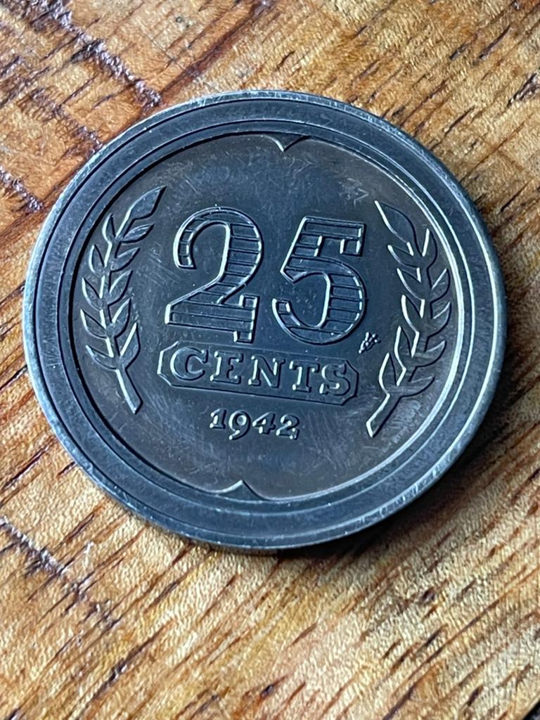 925 Zilveren Nederland 25 Cents 1942 Herdenkingsmunt Penning, Verzenden, Koningin Wilhelmina, 25 cent, Zilver