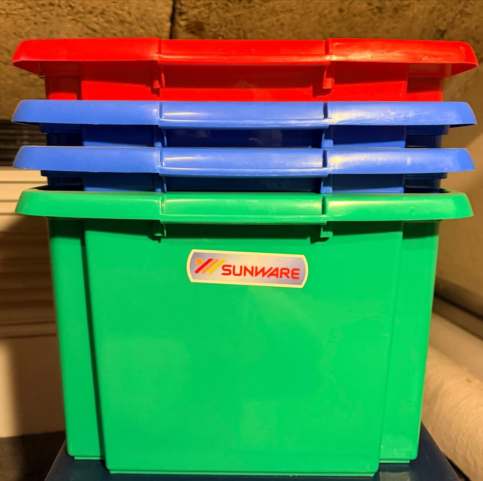 4 Sunware Opbergbakken stapelbaar - Diverse Kleuren, Gebruikt, Ophalen of Verzenden, 5 – 50, Minder dan 50 cm
