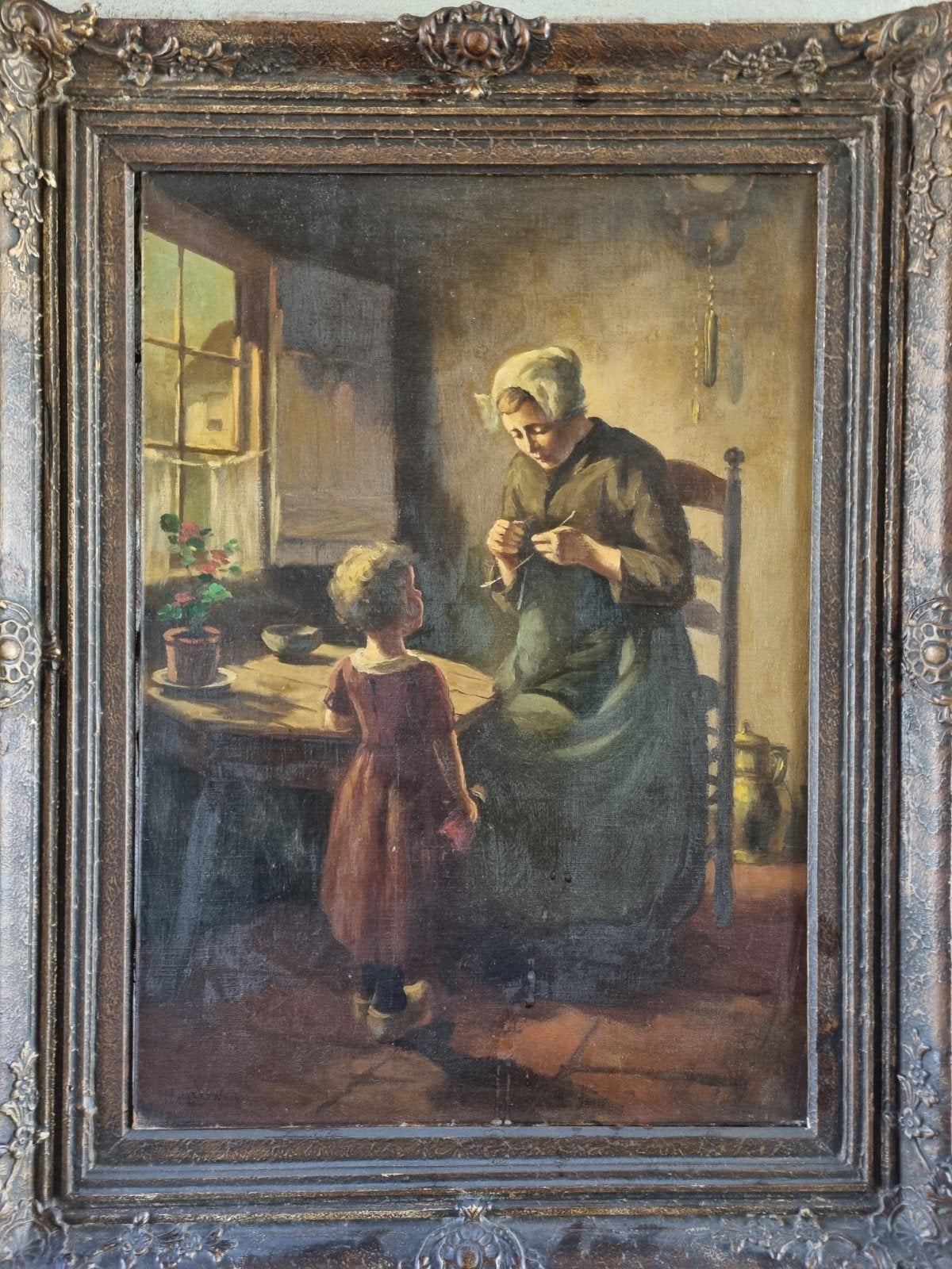 Schilderij breiende vrouw en kind, Ingelijst, Doek, Portret of Personen, Impressionistisch