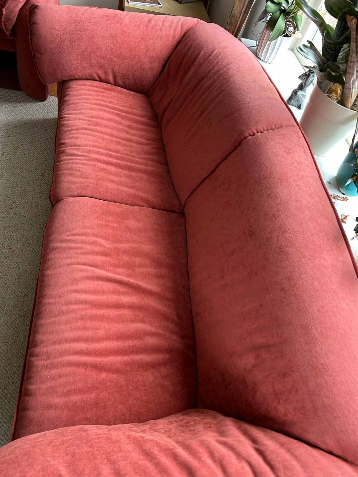 Comfortabele rode driezitsbank, Ophalen, Gebruikt, Driepersoons, 75 tot 100 cm