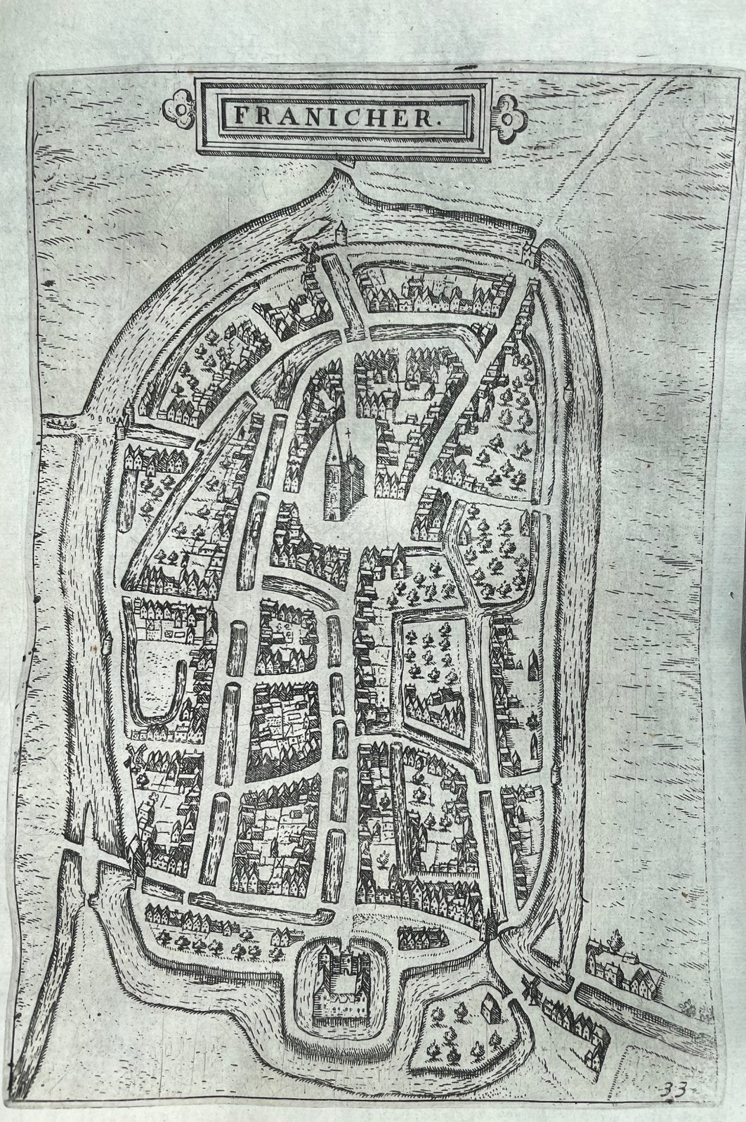 Friesland Franeker stadsplattegrond Guicciardini, Antiek en Kunst, Cartografie, Gravure, 24 cm, Origineel