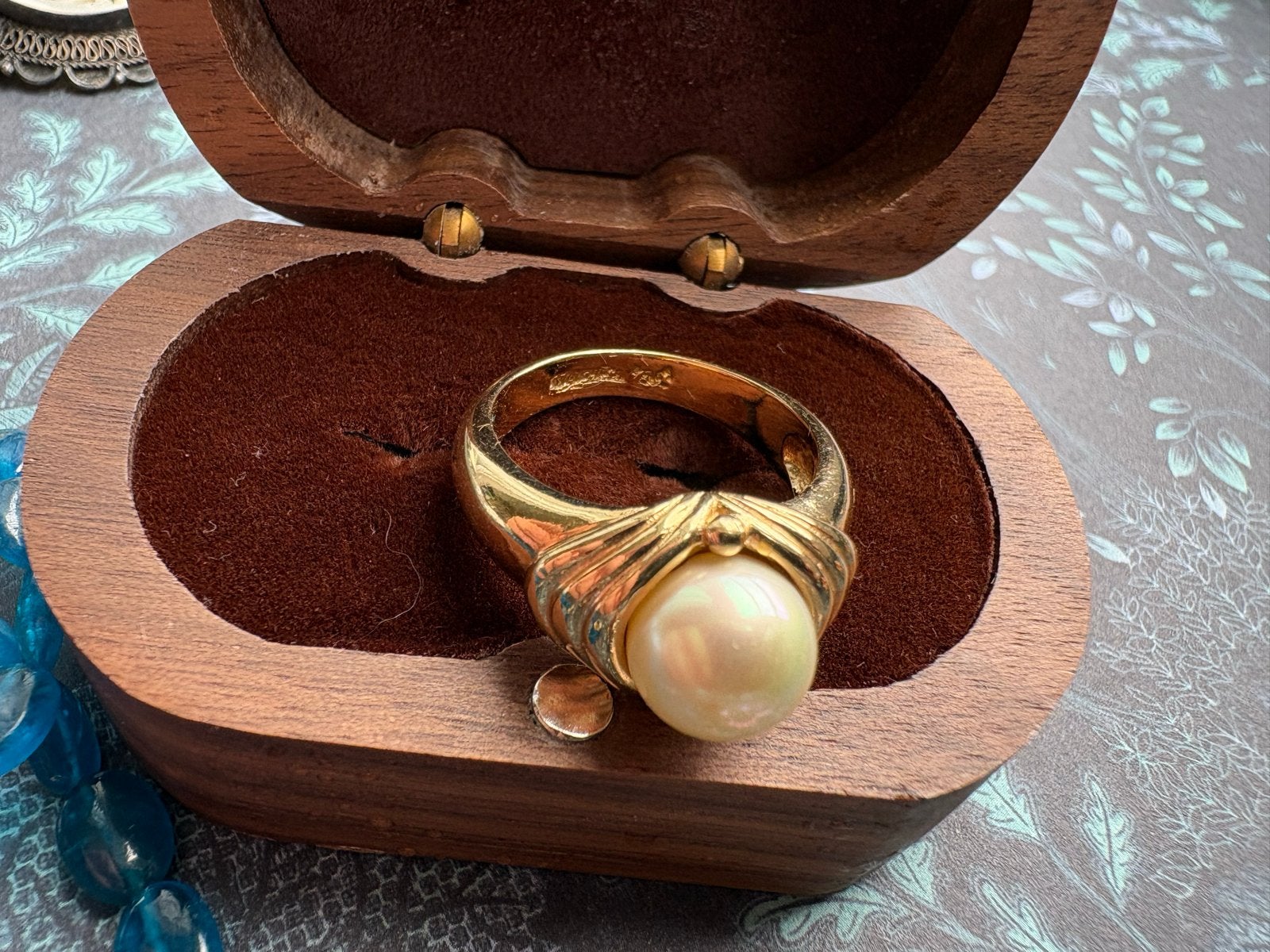 Vintage Majorica 925 zilveren vergulde ring met parel, Gebruikt, Ophalen of Verzenden, 17 tot 18, Dame