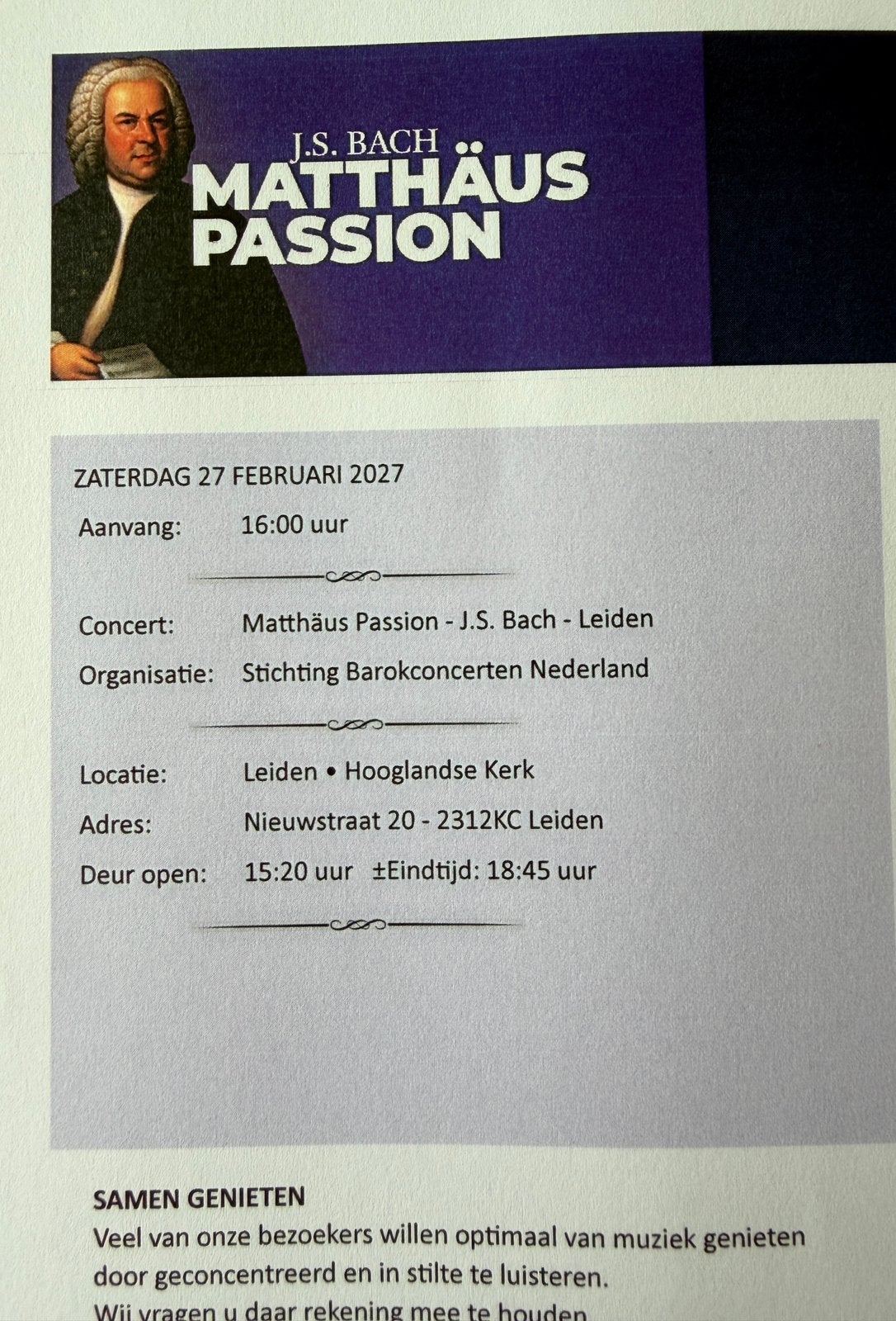 2 tickets Matthäus Passion in Leiden, Twee personen