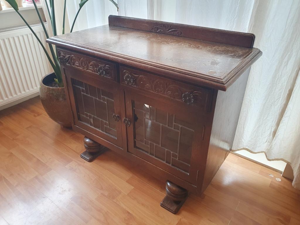 Oud Hollands eikenhouten theekastje glas in lood 93x71x43 cm, Ophalen