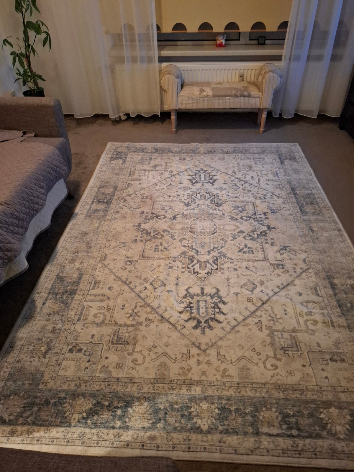 Groot vloerkleed met vintage patroon - Beige/Blauw, Huis en Inrichting, Ophalen, Blauw, 150 tot 200 cm, 200 cm of meer
