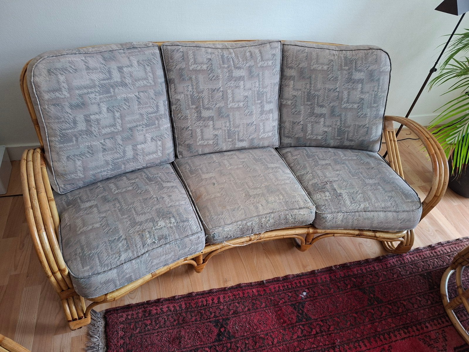 Vintage Bamboe Bank met Kussens, Gebruikt, Driepersoons, 75 tot 100 cm, Ophalen of Verzenden