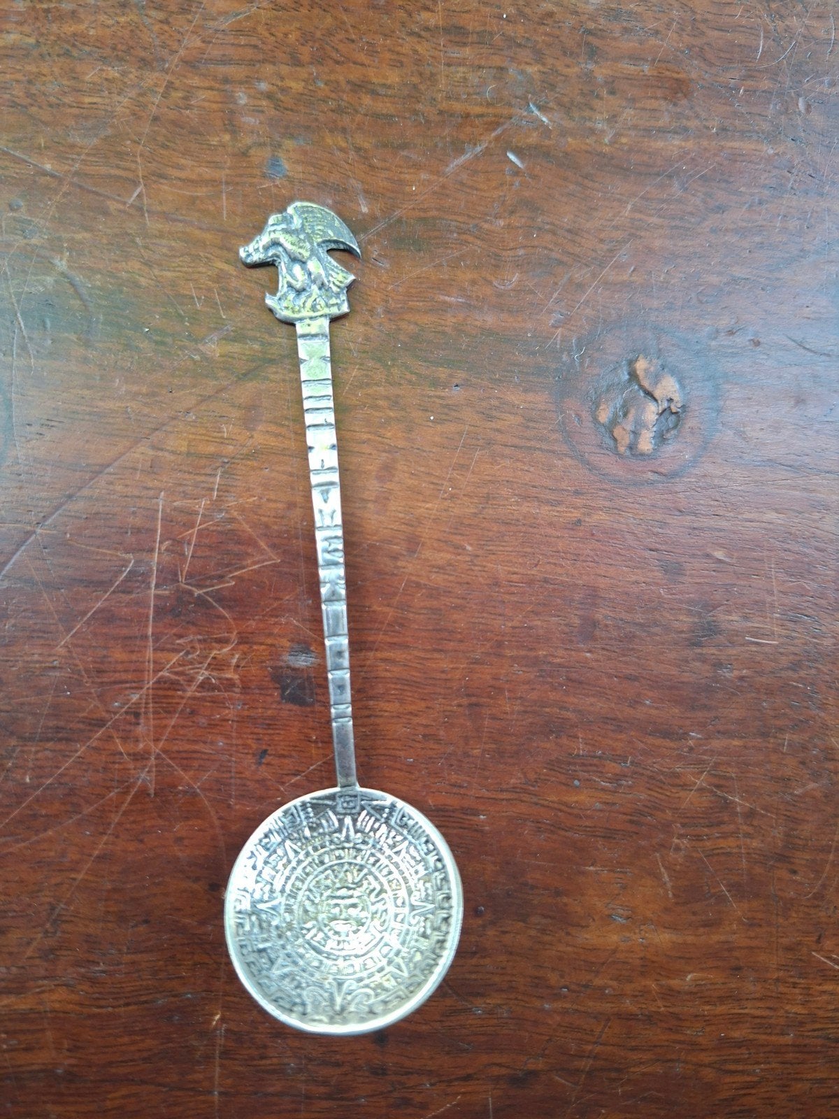 Vintage zilveren lepel Mexico met adelaar en Azteekse kalend, Antiek en Kunst, Ophalen of Verzenden