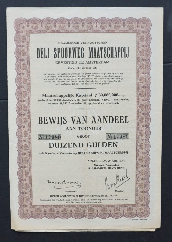 N.V. Deli Spoorweg Maatschappij (Ned.Indie) - 1937, Verzenden, 1920 tot 1950, Aandeel