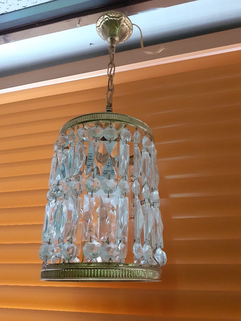 Jaren 60 70 design hanglamp goudkleurig geslepen glas retro, Gebruikt, ?, Glas, ?