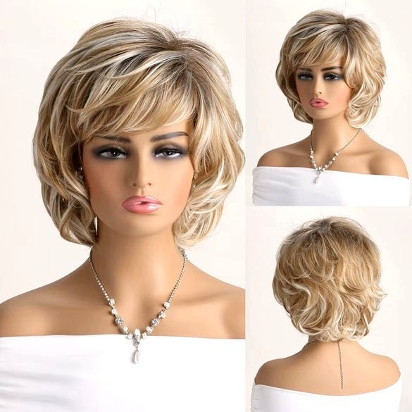 Pruik kort haar met slagen goudblond lichtblond mix, Verzenden, Nieuw, Pruik of Haarverlenging
