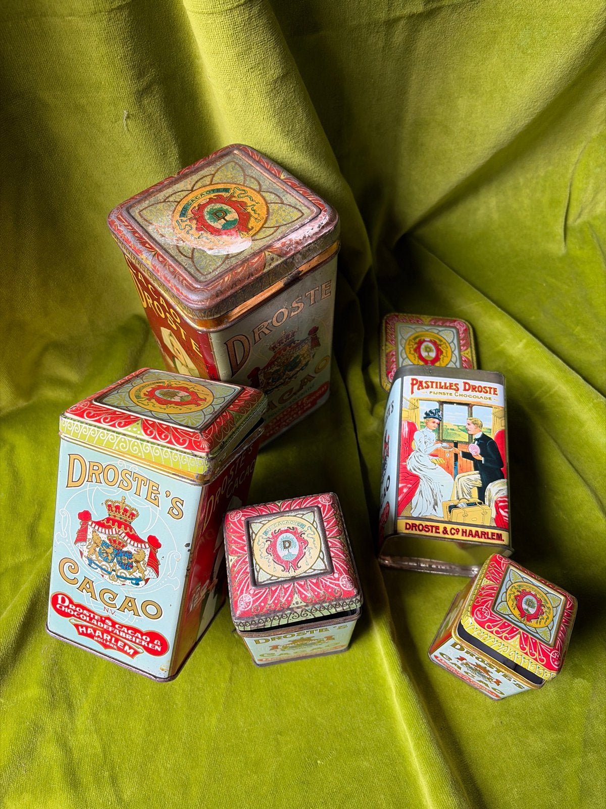 Vintage Droste Cacao en Pastilles Blikken Collectie, Verzamelen, Verzenden, Gebruikt, Overige, Droste