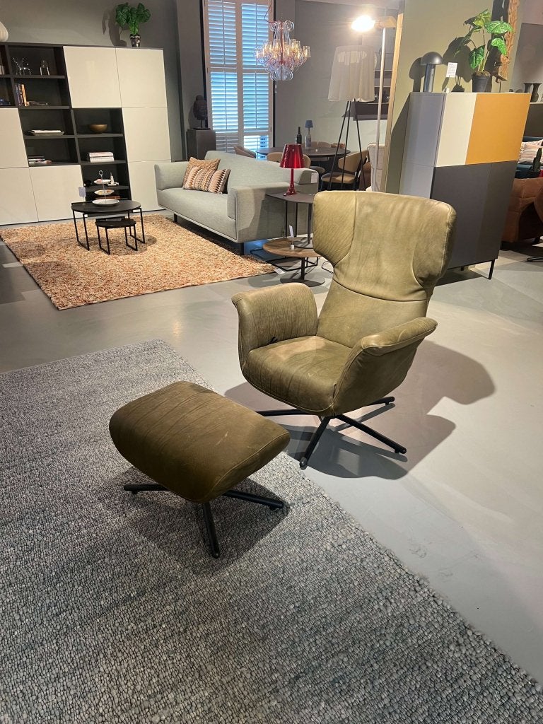 !Nieuw! - label - first class - leder groen - fauteuil+ poef, Ophalen, Twee, Nieuw, Leer