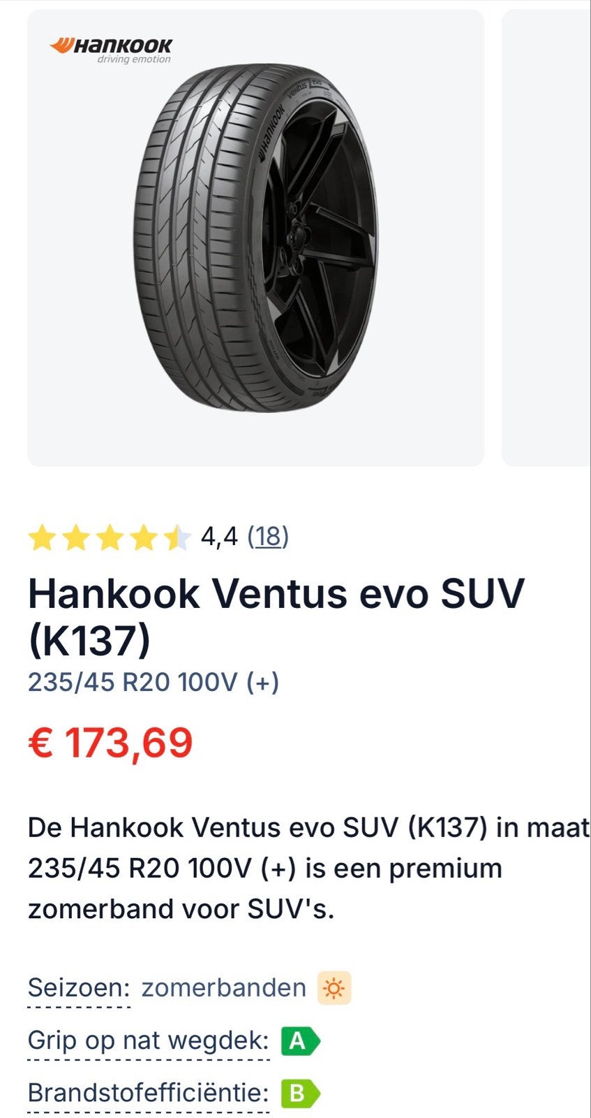 Hankook Ventus evo SUV235/45 R20 100V Zomerband, Nieuw, Ophalen of Verzenden, 235 mm, Band(en)