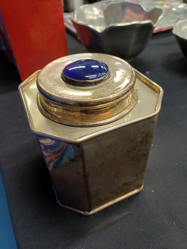 Theebus antiek,plated silver met lapis steen., Ophalen of Verzenden