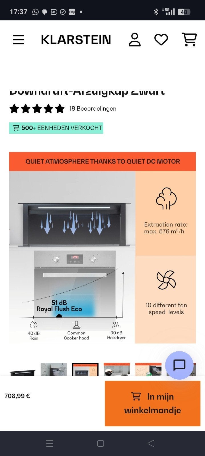 Klarstein Royal Flush Downdraft Afzuigkap Zwart, Ophalen of Verzenden, Nieuw, Wandschouwkap, Motor