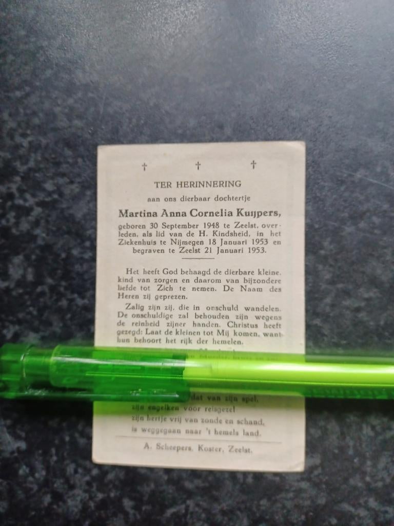 Kinder-bidprentje Zeelst Martina Kuijpers 1948 1953, Ophalen, Bidprentje