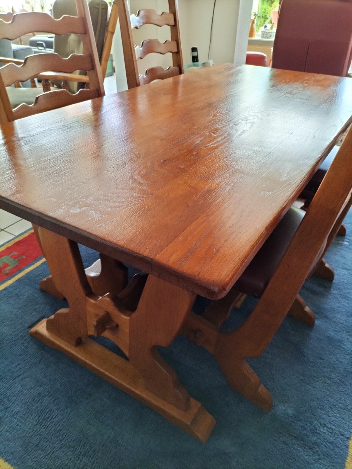 Massieve eikenhout eethoek met 4 stoelen, Ophalen, Gebruikt, Eikenhout, 50 tot 100 cm