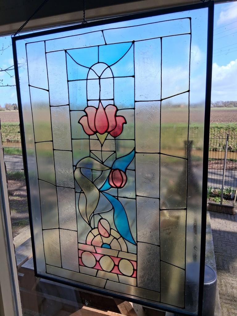 Glas in lood raamhanger met bloemmotief, Ophalen of Verzenden