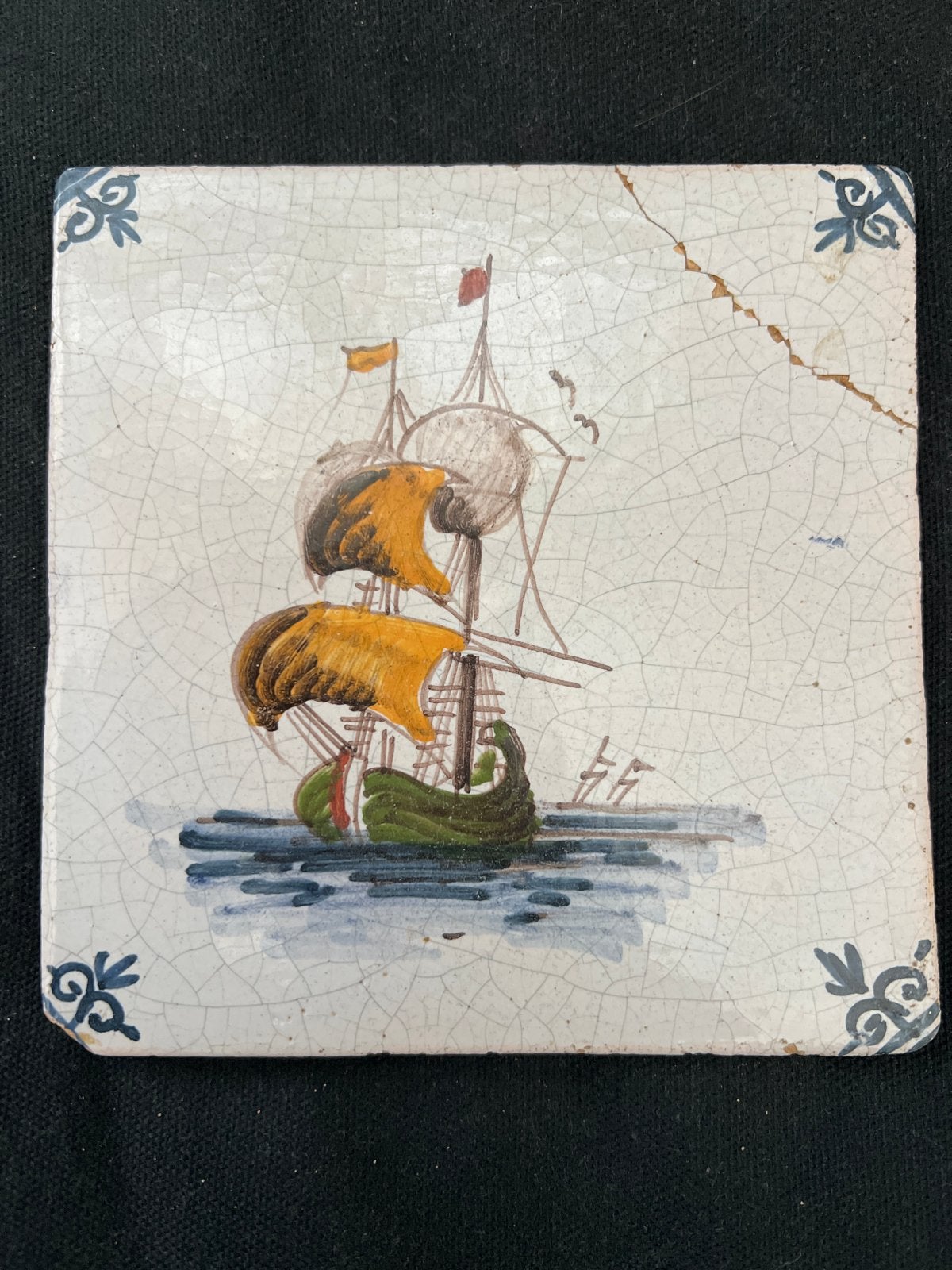 Antieke Delfts Blauw Tegel met Schip - Handgeschilderd, Ophalen of Verzenden