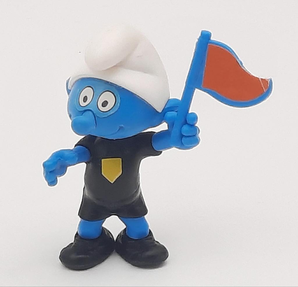 Grensrechter Smurf met vlag Ferrero uit 1990, Verzamelen, Smurfen, Ophalen of Verzenden, Zo goed als nieuw, Overige Smurfen, Poppetje, Figuurtje of Knuffel