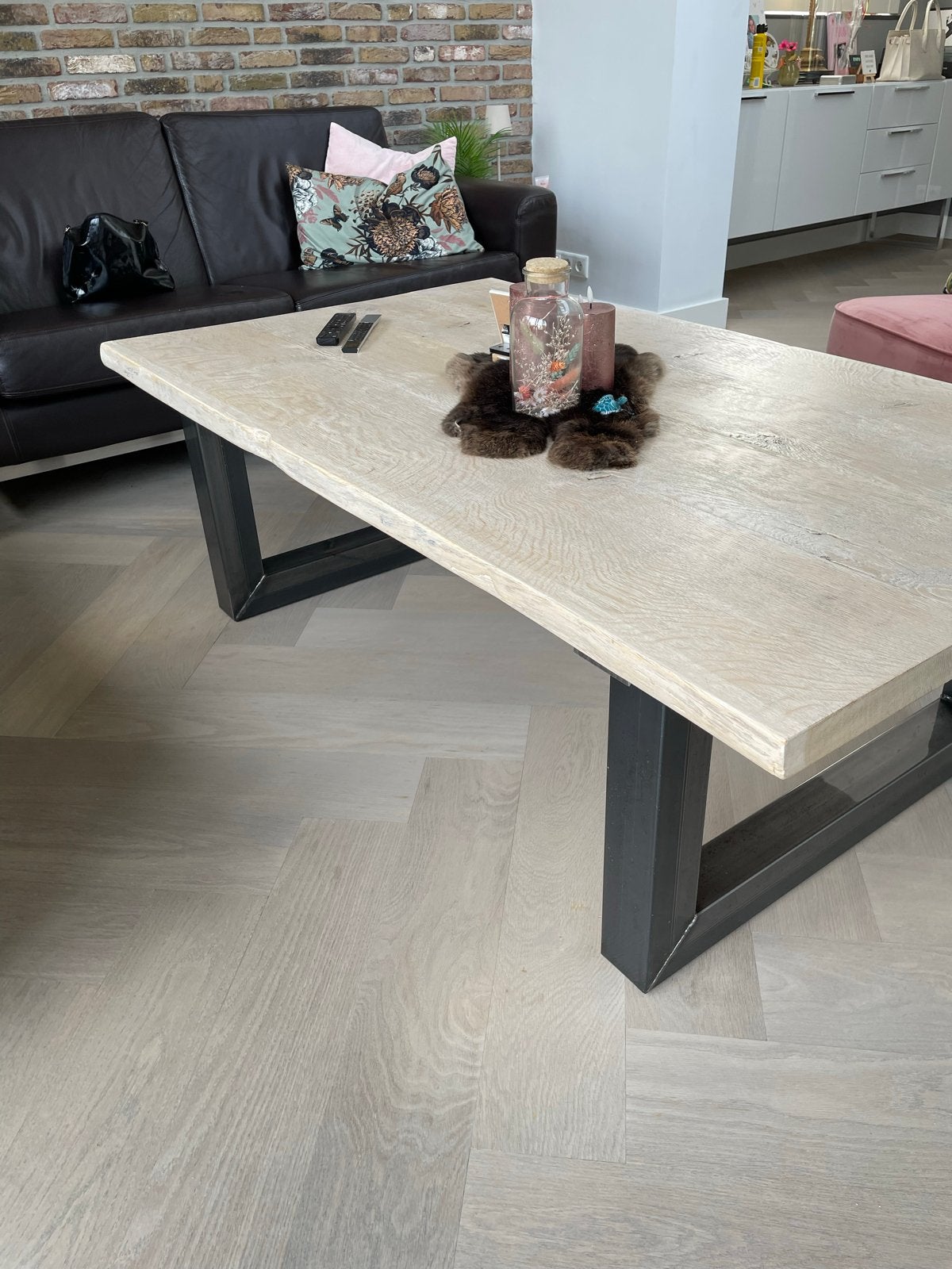 Handgemaakte Salontafel: Eiken Blad & IJzeren Onderstel, Ophalen, Gebruikt, 100 tot 150 cm, Eikenhout