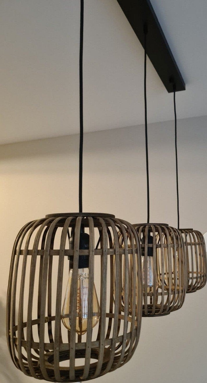 Hanglamp met 3 bamboe kappen - Zwart/Naturel, Ophalen of Verzenden